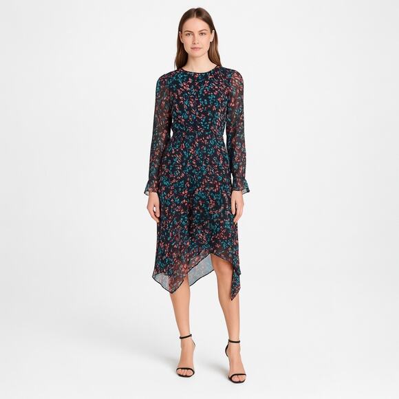 IRO Blank Black Floral Long Sleeve Ruffle Tiered Asymmetric Midi Dress 38 US 6 - Picture 1 of 7